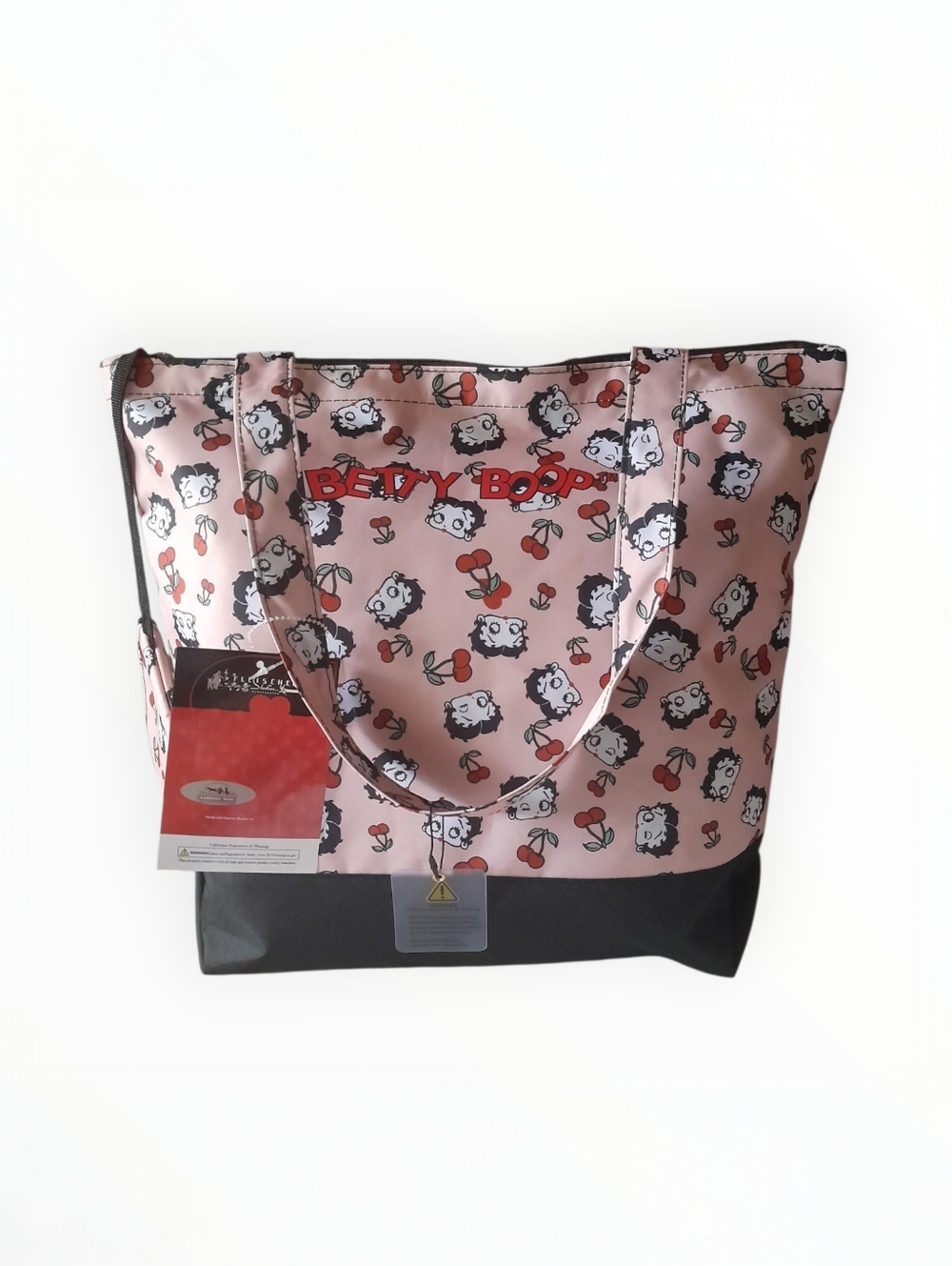 BETTY BOOP Cherry Print Canvas Tote Handbag With Attached Pouch PINK